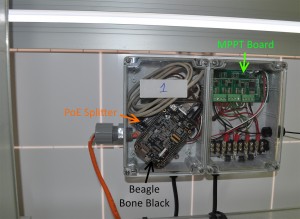 Figure 1: Sample mount on the back of a PV panel, which includes the MPPT board, Beagle Bone Black, and PoE splitter.